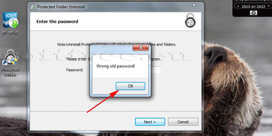 Tutorial IOBit Password Folder dezinstalare, parolă greșită